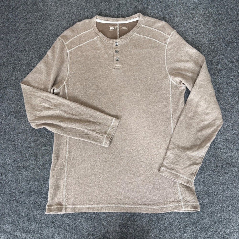 BKE Mens Large Tan Long Sleeve Henley Shirt Cotton Casual Thermal Pullover